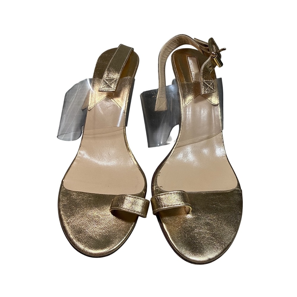 Michael Kors Gold Metallic Toe Loop Stiletto Sandals with Clear PVC Strap 38.5